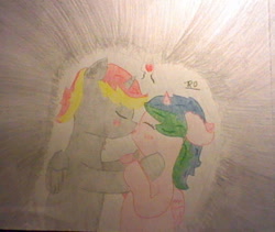 Size: 550x465 | Tagged: safe, artist:rubydeluxe, derpibooru exclusive, imported from derpibooru, oc, oc only, oc:holly dance, oc:rd, alicorn, alicorn oc, blushing, colored, cute, eyes closed, female, heart, horn, kissing, love, male, pencil drawing, rubydance, shipping, simple background, straight, traditional art, wings