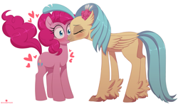 Size: 1705x1000 | Tagged: safe, artist:verawitch, deleted from derpibooru, imported from derpibooru, pinkie pie, princess skystar, classical hippogriff, hippogriff, pony, my little pony: the movie, blushing, eyes closed, feathered fetlocks, female, heart, kissing, lesbian, mare, shipping, simple background, skypie, smiling, white background