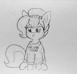 Size: 1336x1285 | Tagged: safe, artist:tjpones, imported from derpibooru, oc, oc only, oc:brownie bun, earth pony, pony, horse wife, :p, christmas sweater, clothes, ear fluff, female, grayscale, lineart, mare, monochrome, silly, silly pony, sitting, solo, sweater, tongue out, traditional art