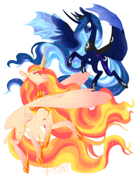 Size: 850x1100 | Tagged: safe, artist:creeate97, imported from derpibooru, princess celestia, princess luna, alicorn, pony, alternate design, duo, female, hybrid wings, jewelry, looking at each other, mare, regalia, royal sisters, simple background, smiling, white background