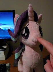 Size: 2432x3286 | Tagged: safe, artist:valmiiki, imported from derpibooru, starlight glimmer, pony, unicorn, boop, cute, finger, glimmerbetes, irl, photo, plushie, solo