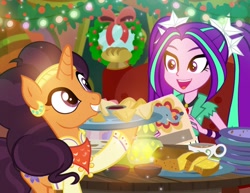 Size: 1000x773 | Tagged: safe, artist:pixelkitties, imported from derpibooru, aria blaze, saffron masala, pony, equestria girls, diana kaarina, food, samosa, voice actor joke, wreath