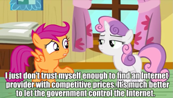 Size: 853x480 | Tagged: safe, edit, imported from derpibooru, screencap, scootaloo, sweetie belle, bloom and gloom, controversial, debate in the comments, drama bait, exploitable meme, impact font, meme, mouthpiece, net neutrality, net neutrality drama, op is a duck, opinion, politics, politics in the comments, scootaloo is wrong about everything, strawman, text, text edit, unpopular opinion