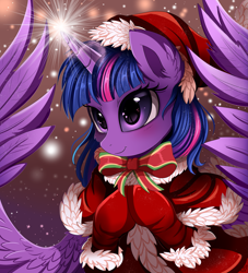Size: 2177x2400 | Tagged: safe, artist:pridark, imported from derpibooru, twilight sparkle, alicorn, pony, bow, christmas, clothes, female, hat, holiday, magic, mare, santa hat, smiling, solo, twilight sparkle (alicorn)