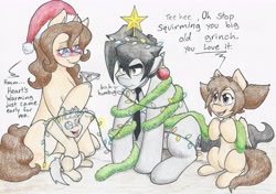 Size: 4797x3374 | Tagged: safe, artist:flicker-show, imported from derpibooru, oc, oc only, oc:flicker show, oc:jitter bug, oc:kaltrina, demon pony, earth pony, pony, baby, baby pony, blushing, christmas, female, filly, glasses, holiday, mare, smiling, traditional art