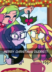 Size: 999x1378 | Tagged: safe, artist:psychodiamondstar, imported from derpibooru, lemon zest, sci-twi, sunset shimmer, twilight sparkle, equestria girls, christmas, clothes, eyes closed, female, glasses, holiday, holly, holly mistaken for mistletoe, lemon the shipper, lesbian, scitwishimmer, shipper on deck, shipping, sunsetsparkle, unamused