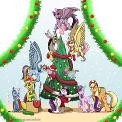 Size: 2400x2400 | Tagged: safe, artist:inuhoshi-to-darkpen, imported from derpibooru, applejack, discord, fluttershy, pinkie pie, rainbow dash, rarity, spike, starlight glimmer, thorax, trixie, twilight sparkle, alicorn, changedling, changeling, classical unicorn, draconequus, dragon, earth pony, pegasus, pony, unicorn, boop, christmas, christmas tree, compound eyes, cute, cute little fangs, discute, fangs, feathered fetlocks, female, flying, hat, holiday, king thorax, leonine tail, magic, mane six, mare, noseboop, santa hat, smiling, thorabetes, tree, twilight sparkle (alicorn), unshorn fetlocks