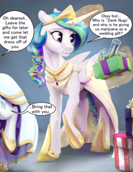 Size: 5100x6600 | Tagged: safe, artist:silfoe, imported from derpibooru, princess celestia, rarity, alicorn, pony, unicorn, absurd resolution, adventure in the comments, alternate hairstyle, bong, clothes, commission, dialogue, dress, drugs, female, floppy ears, glowing horn, lesbian, magic, mare, marijuana, married, married couple, present, rarilestia, shipping, telekinesis