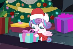 Size: 3084x2079 | Tagged: safe, artist:shutterflyeqd, imported from derpibooru, princess flurry heart, alicorn, pony, baby, baby pony, christmas, christmas tree, clothes, costume, cute, female, flurrybetes, hat, hearth's warming, hnnng, holiday, present, santa costume, santa hat, shutterflyeqd is trying to murder us, smiling, solo, tree, weapons-grade cute