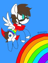 Size: 540x720 | Tagged: safe, imported from derpibooru, oc, oc:markey malarkey, pony, cape, clothes, crossover, cute, flying, goggles, happy, ponified, rainbow, smiling, superhero, the mark side