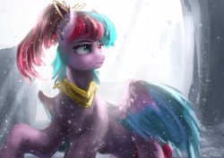 Size: 3508x2480 | Tagged: safe, artist:aidelank, imported from derpibooru, oc, oc only, pegasus, pony, ascot, bow, crepuscular rays, female, heterochromia, mare, snow, solo
