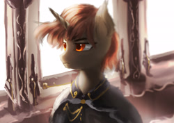 Size: 3508x2480 | Tagged: safe, artist:aidelank, imported from derpibooru, oc, oc only, oc:alicon, pony, unicorn, cape, clothes, male, room, solo, stallion, window