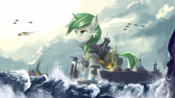 Size: 3780x2126 | Tagged: safe, artist:aidelank, imported from derpibooru, oc, oc only, unicorn, armor, battleship, clothes, cloud, female, fire, macro, mare, military uniform, naval battle, ocean, plane, ship, ship ponies, shipmare, uniform, warship