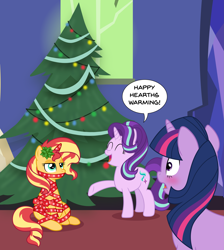 Size: 5415x6036 | Tagged: safe, artist:sugar-loop, imported from derpibooru, starlight glimmer, sunset shimmer, twilight sparkle, pony, unicorn, absurd resolution, blushing, christmas, christmas tree, counterparts, cute, dialogue, eyes closed, female, gift wrapped, hearth's warming eve, holiday, lesbian, mare, open mouth, raised hoof, ribbon, shipping, speech bubble, sunset shimmer is not amused, sunsetsparkle, tree, twilight's counterparts, unamused, wrapped up