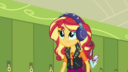 Size: 1280x720 | Tagged: safe, imported from derpibooru, screencap, sunset shimmer, velvet sky, equestria girls, equestria girls series, overpowered (equestria girls), background human, canterlot high, clothes, female, geode of empathy, headphones, lockers, solo