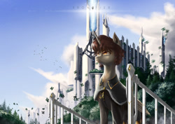 Size: 1024x724 | Tagged: safe, artist:aidelank, imported from derpibooru, oc, oc only, oc:emperor feng, alicorn, bird, cape, castle, clothes, empire of feng, forest, leaves, railing, science fiction