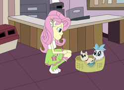 Size: 2337x1700 | Tagged: safe, artist:equestriaguy637, imported from derpibooru, fluttershy, cat, dog, equestria girls, animal rescue center, animal shelter, boots, bow, cat carrier, clothes, desk, hairpin, kitten, kneeling, puppy, shirt, shoes, skirt