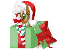 Size: 1003x800 | Tagged: safe, artist:unisoleil, imported from derpibooru, oc, oc only, oc:cassiopeia, pegasus, pony, box, candy, candy cane, chibi, christmas, clothes, female, food, hat, holiday, mare, pony in a box, present, santa hat, simple background, socks, solo, striped socks, transparent background