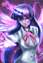 Size: 2584x3776 | Tagged: safe, artist:bunsogen, imported from derpibooru, twilight sparkle, human, equestria girls, clothes, female, horned humanization, humanized, magic, smiling, solo, winged humanization, wings