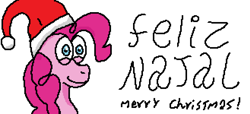 Size: 1644x750 | Tagged: safe, artist:masterkaiser, artist:theparadoxy, imported from derpibooru, pinkie pie, pony, christmas, female, happy, hat, holiday, merry christmas, portuguese, santa hat, simple background, smiling, solo, white background