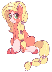 Size: 700x954 | Tagged: safe, artist:lulubell, imported from derpibooru, applejack, earth pony, pony, leak, spoiler:g5, :t, applejack (g5 concept leak), applejack (g5), blaze (coat marking), braid, cheek fluff, chest fluff, coat markings, cute, facial markings, female, flower, flower in hair, fluffy, g5, g5 concept leak style, g5 concept leaks, leg fluff, looking at you, mare, simple background, sitting, smiling, socks (coat marking), socks (coat markings), solo, transparent background, unshorn fetlocks