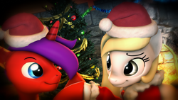 Size: 1920x1080 | Tagged: safe, artist:star-lightstarbright, imported from derpibooru, oc, oc only, oc:forsted rose, oc:mike, pony, unicorn, 3d, christmas, female, hat, holiday, male, mare, santa hat, stallion