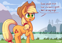 Size: 2529x1771 | Tagged: safe, artist:dsp2003, imported from derpibooru, applejack, earth pony, pony, applejack's hat, blushing, cloud, comic, cowboy hat, cute, dialogue, ear fluff, female, freckles, glare, hat, horse puns, lake, leg fluff, mare, neigh, open mouth, pun, raised hoof, river, silly, silly pony, single panel, solo