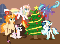 Size: 741x547 | Tagged: safe, artist:owlity, imported from derpibooru, oc, oc only, oc:cassidy, oc:snarky sweets, oc:summer raine, oc:sweet dreams, oc:wistful galaxy, alicorn, bat pony, pony, alicorn oc, christmas, christmas tree, female, group photo, holiday, mare, merry christmas, snow, tree