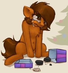 Size: 830x884 | Tagged: safe, artist:marsminer, imported from derpibooru, oc, oc only, oc:venus spring, pony, unicorn, adventure in the comments, chest fluff, christmas, christmas tree, coal, crossing the line twice, crying, female, heartbreak, holiday, mare, moral event horizon, present, pure unfiltered evil, sad, sitting, tearjerker, too far man, tree, we are going to hell