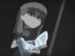 Size: 387x286 | Tagged: safe, imported from derpibooru, screencap, maud pie, equestria girls, equestria girls series, rarity investigates: the case of the bedazzled boot, animated, book, clothes, female, partial color, rarity investigates (eqg): applejack, seizure warning