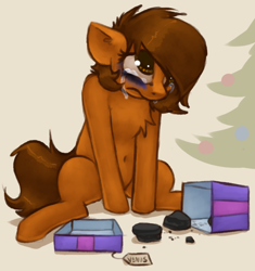 Size: 830x884 | Tagged: safe, artist:marsminer, edit, imported from derpibooru, oc, oc only, oc:venus spring, pony, unicorn, abuse, abuse edit, black eye, bruised, christmas, christmas tree, coal, crossing the line twice, crying, holiday, horn, present, pure unfiltered evil, sad, tree, unicorn oc, we are going to hell