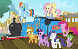 Size: 8192x5120 | Tagged: safe, artist:equestriaguy637, artist:lightf4lls, imported from derpibooru, applejack, fluttershy, pinkie pie, rainbow dash, rarity, spike, twilight sparkle, alicorn, dragon, earth pony, pegasus, pony, unicorn, absurd resolution, bouncing, carriage (railway), female, flying, hopping, male, mane six, platform, ponyville, station, train, train station, twilight sparkle (alicorn), walking