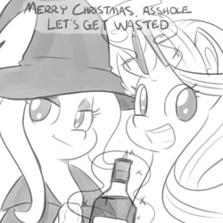 Size: 500x500 | Tagged: safe, artist:reiduran, imported from derpibooru, starlight glimmer, trixie, pony, unicorn, totally legit recap, alcohol, best pony, bust, cape, christmas, clothes, dialogue, female, glowing horn, grayscale, hat, holiday, magic, mare, monochrome, open mouth, smiling, telekinesis, trixie's cape, trixie's hat, vulgar