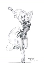 Size: 1000x1441 | Tagged: safe, artist:baron engel, imported from derpibooru, mayor mare, anthro, unguligrade anthro, arm behind head, armpits, black dress, breasts, busty mayor mare, clothes, dancing, dress, eyes closed, female, glasses, grayscale, little black dress, monochrome, pencil drawing, simple background, smiling, solo, stupid sexy mayor mare, traditional art, unshorn fetlocks, white background