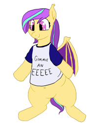 Size: 1200x1500 | Tagged: safe, artist:tacodeltaco, derpibooru exclusive, imported from derpibooru, oc, oc only, oc:star shower, bat pony, pony, 2018 community collab, derpibooru community collaboration, bat pony oc, chubby, clothes, eeee, fangs, female, mare, shirt, simple background, solo, standing, transparent background