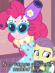 Size: 807x1079 | Tagged: safe, edit, edited screencap, imported from derpibooru, screencap, lily pad (equestria girls), pinkie pie, equestria girls, equestria girls series, pinkie sitting, lily pad (g4), meme, out of context, spanish, translated in the comments, young