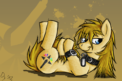 Size: 3426x2266 | Tagged: safe, artist:darkyosh, imported from derpibooru, oc, oc only, oc:darky, pony, collar, dog tags, on back, solo