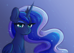 Size: 2344x1680 | Tagged: safe, artist:fluffymaiden, imported from derpibooru, princess luna, alicorn, pony, bust, female, jewelry, looking at you, mare, regalia, smiling, solo