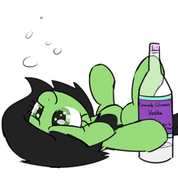 Size: 1200x1200 | Tagged: safe, artist:skitter, imported from derpibooru, oc, oc only, oc:filly anon, pony, alcohol, bottle, cute, drunk, drunk filly, female, filly, floppy ears, implied starlight glimmer, on back, simple background, smiling, underaged drinking, vodka, white background