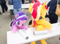 Size: 1610x1178 | Tagged: safe, artist:nekokevin, imported from derpibooru, starlight glimmer, sunset shimmer, pony, unicorn, chair, desk, female, irl, japan ponycon, life size, photo, plushie, sitting