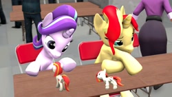 Size: 1280x720 | Tagged: safe, artist:nullpotower, imported from derpibooru, starlight glimmer, sunset shimmer, oc, oc:poniko, human, pony, unicorn, 3d, chair, desk, sitting