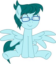 Size: 1200x1366 | Tagged: safe, alternate version, artist:yoshimon1, derpibooru exclusive, imported from derpibooru, oc, oc only, oc:cloudy bits, pegasus, pony, eyes closed, female, glasses, mare, simple background, sitting, solo, spread wings, transparent background, wings