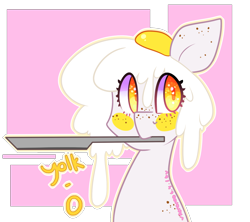 Size: 1796x1592 | Tagged: safe, artist:bunxl, imported from derpibooru, oc, oc only, oc:yolk, food pony, original species, pony, egg pony, egg yolk, food, frying pan, mouth hold, solo