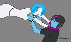Size: 1600x960 | Tagged: safe, artist:raxonxvi, imported from derpibooru, dj pon-3, vinyl scratch, oc, oc:raxonxvi, human, equestria girls, canon x oc, catching, female, holding, male, shipping, simple background, straight