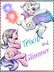 Size: 1536x2048 | Tagged: safe, artist:naki4949, imported from derpibooru, starlight glimmer, trixie, pony, unicorn, cape, clothes, duo, fireworks, one eye closed, smiling, smirk, trixie's cape, wink