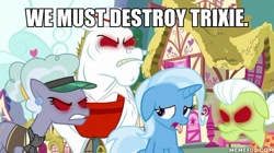 Size: 600x337 | Tagged: safe, edit, edited screencap, imported from derpibooru, screencap, bulk biceps, clarity cut, granny smith, trixie, all bottled up, glowing eyes, memeful.com
