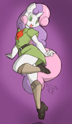 Size: 622x1064 | Tagged: safe, artist:theburningdonut, imported from derpibooru, sweetie belle, anthro, plantigrade anthro, unicorn, clothes, female, filly guides, filly scouts, open mouth, raised leg, smiling, solo, young