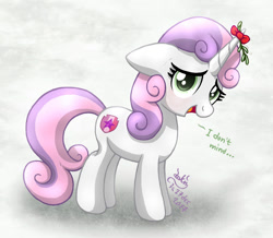 Size: 1375x1200 | Tagged: safe, artist:joakaha, imported from derpibooru, sweetie belle, pony, unicorn, christmas, cutie mark, dialogue, female, filly, holiday, looking at you, mistletoe, open mouth, signature, solo, speech, the cmc's cutie marks