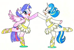 Size: 1965x1318 | Tagged: safe, artist:hihin1993, imported from derpibooru, starlight glimmer, twilight sparkle, alicorn, pony, unicorn, a royal problem, ballerina, ballerinas, blushing, clothes, dancing, glimmerina, leotard, traditional art, tutu, tutu cute, twilarina, twilight sparkle (alicorn)