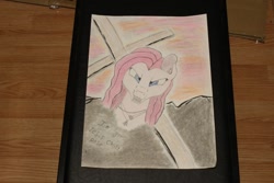 Size: 1280x853 | Tagged: safe, artist:lamb, imported from derpibooru, pinkamena diane pie, pinkie pie, chris cornell, grunge, jesus christ pose, soundgarden, traditional art, twisted fork